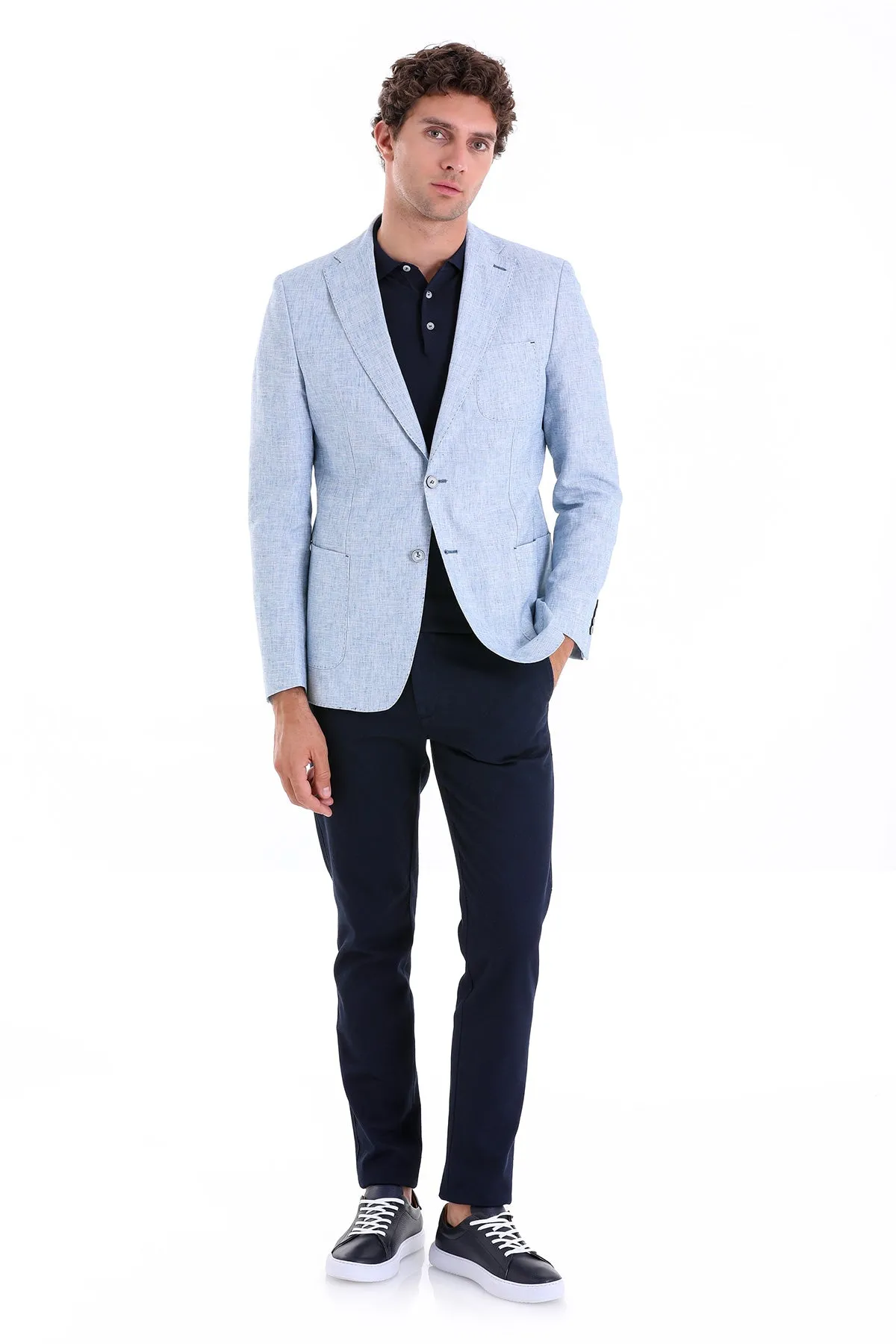 Slim Fit Notch Lapel Ice Blue Linen Casual Blazer