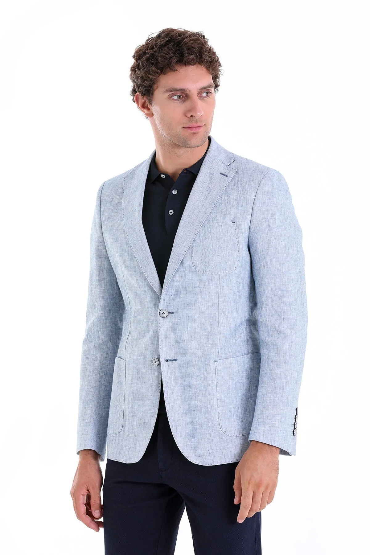 Slim Fit Notch Lapel Ice Blue Linen Casual Blazer