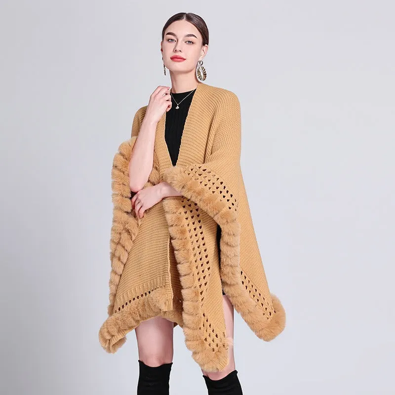 Solid Color Knitted Cape And Shawl Sweater Coat