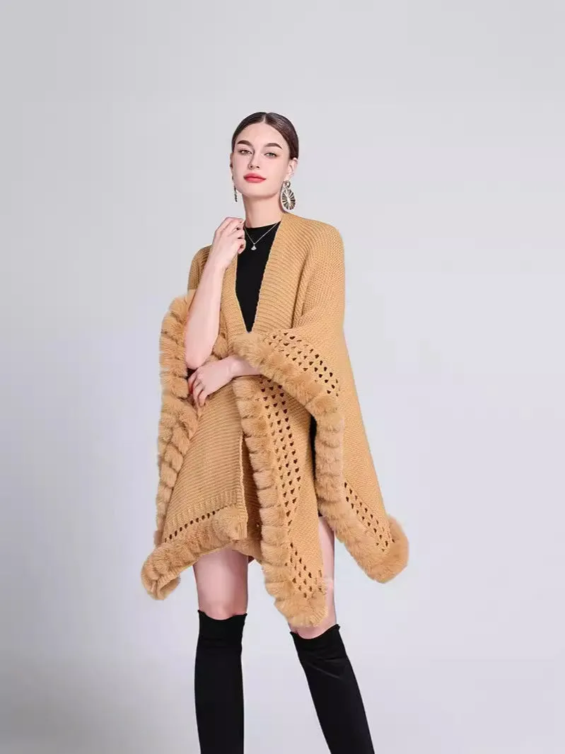 Solid Color Knitted Cape And Shawl Sweater Coat