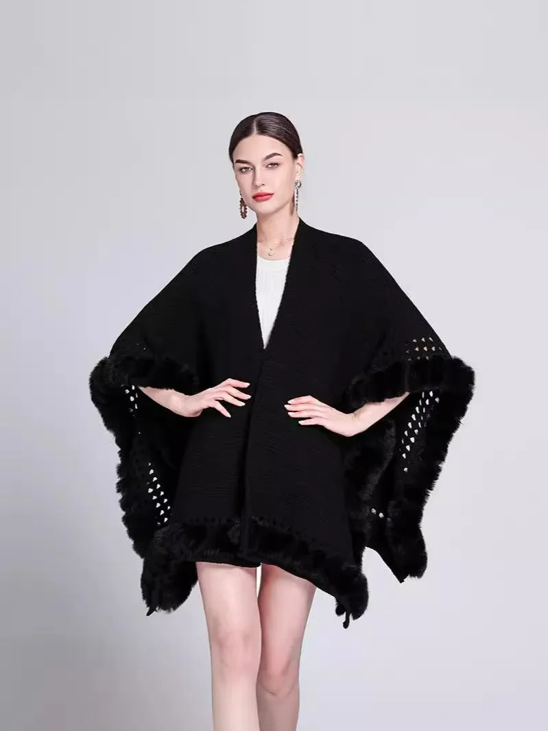 Solid Color Knitted Cape And Shawl Sweater Coat