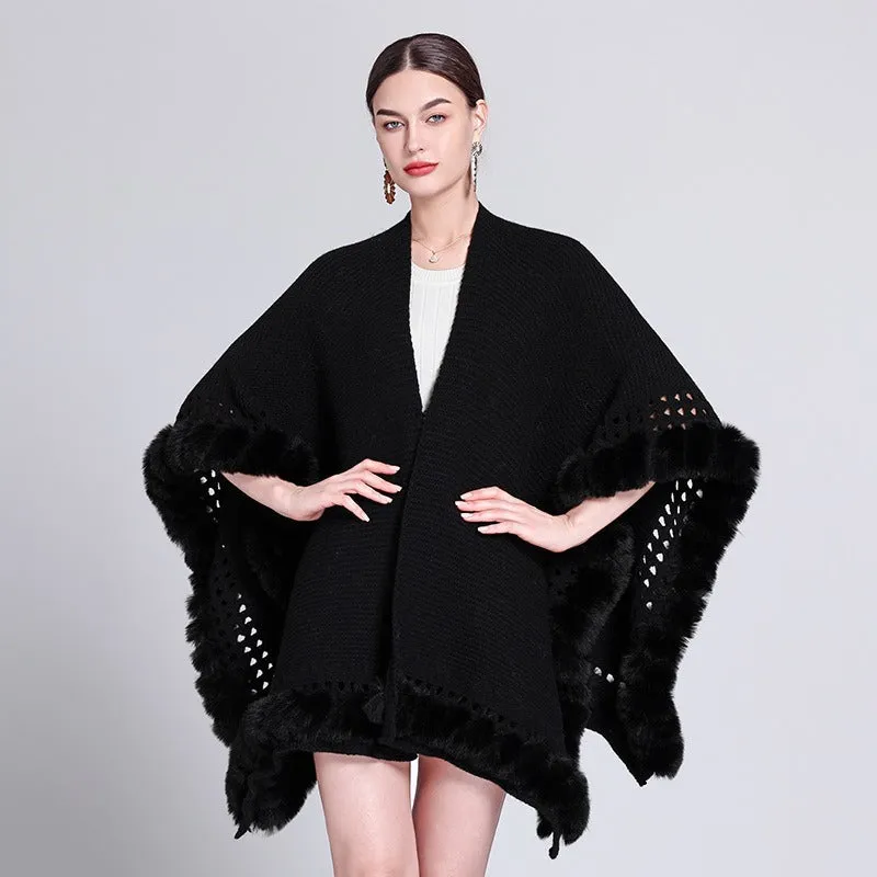 Solid Color Knitted Cape And Shawl Sweater Coat