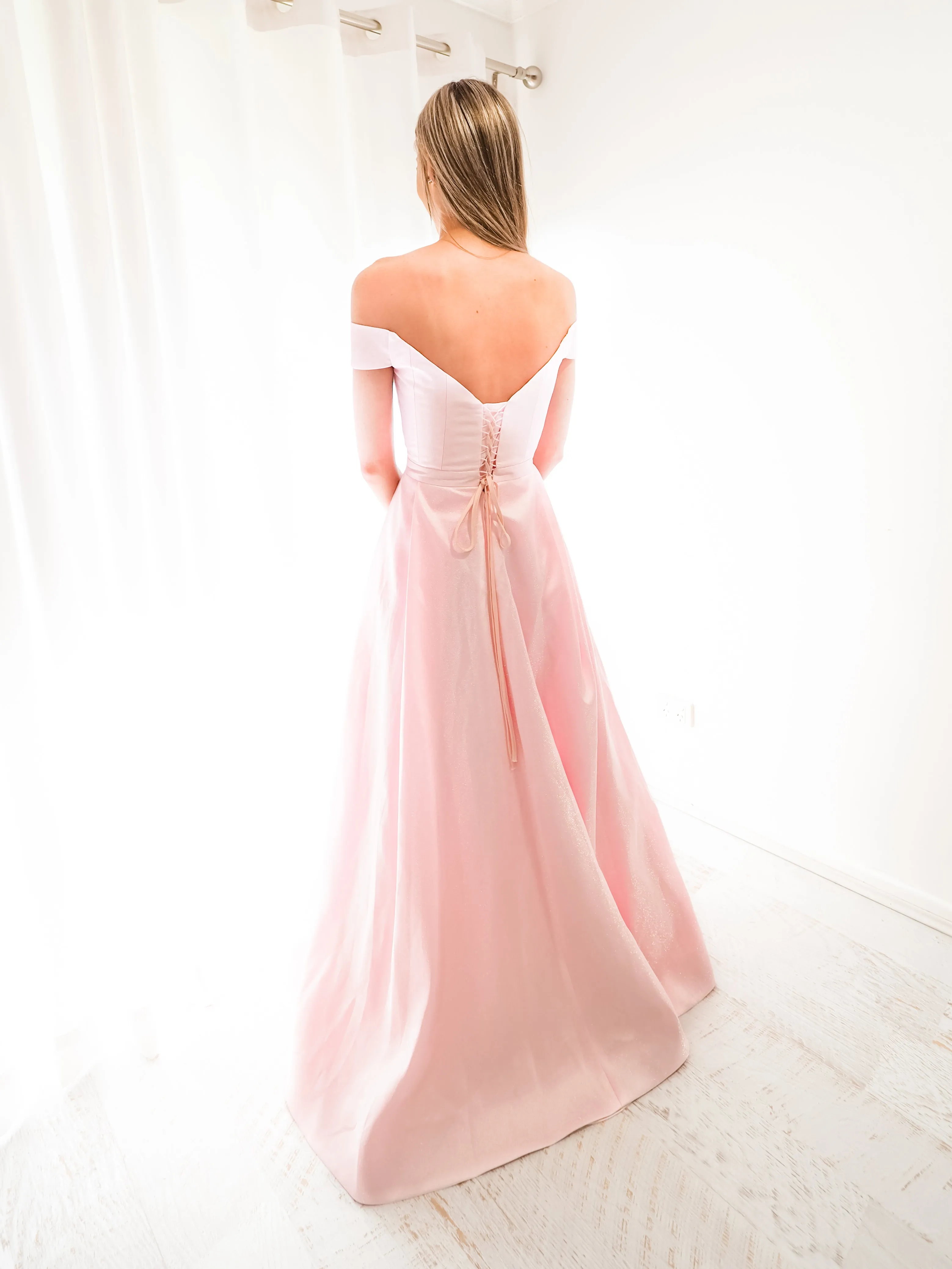 Sparkling baby pink off the shoulder princess dress with lace up back and leg split