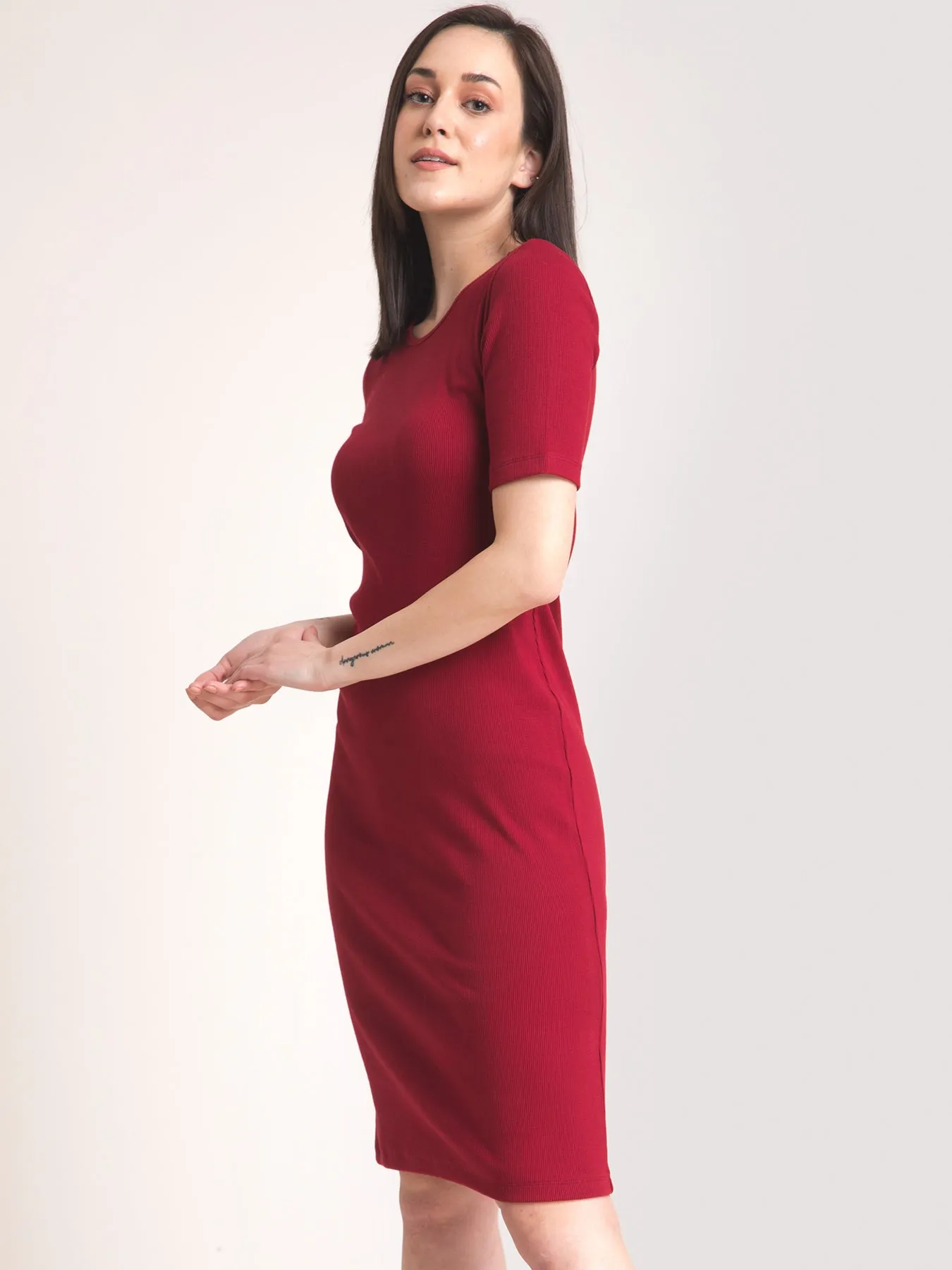 Stretchable Round Neck LivIn Dress - Maroon