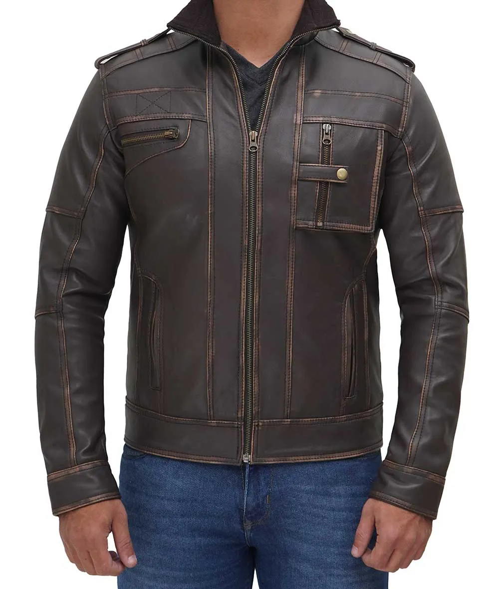 Tavares Ruboff Vintage Brown Distressed Leather Jacket Men