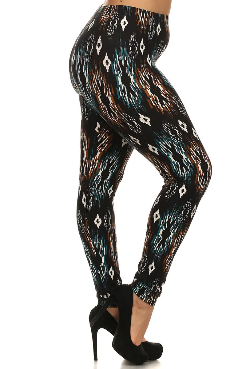 Tribal Print, Lined Leggings With Elastic Waist