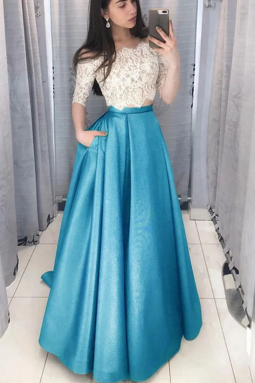 Two Piece Long Prom Dress with White Lace Top       fg6170