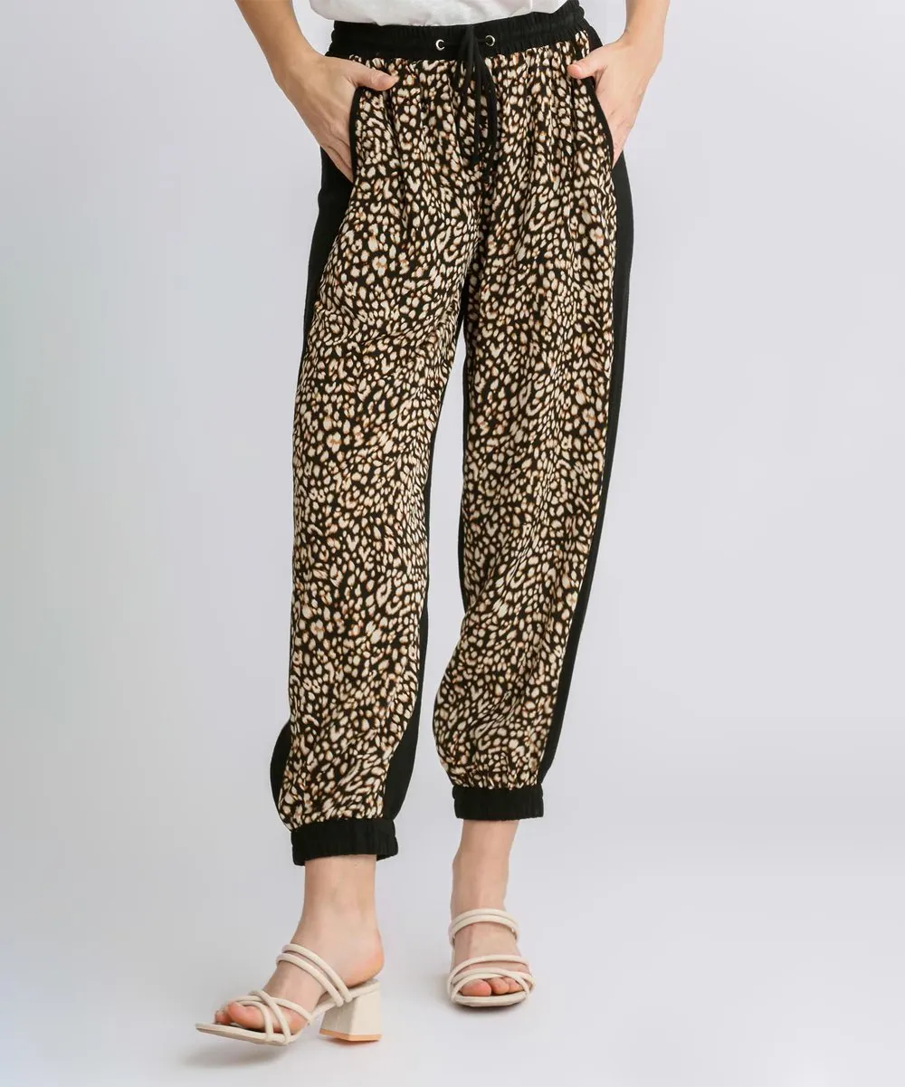 Umgee Black Leopard Linen-Blend Pocket Joggers