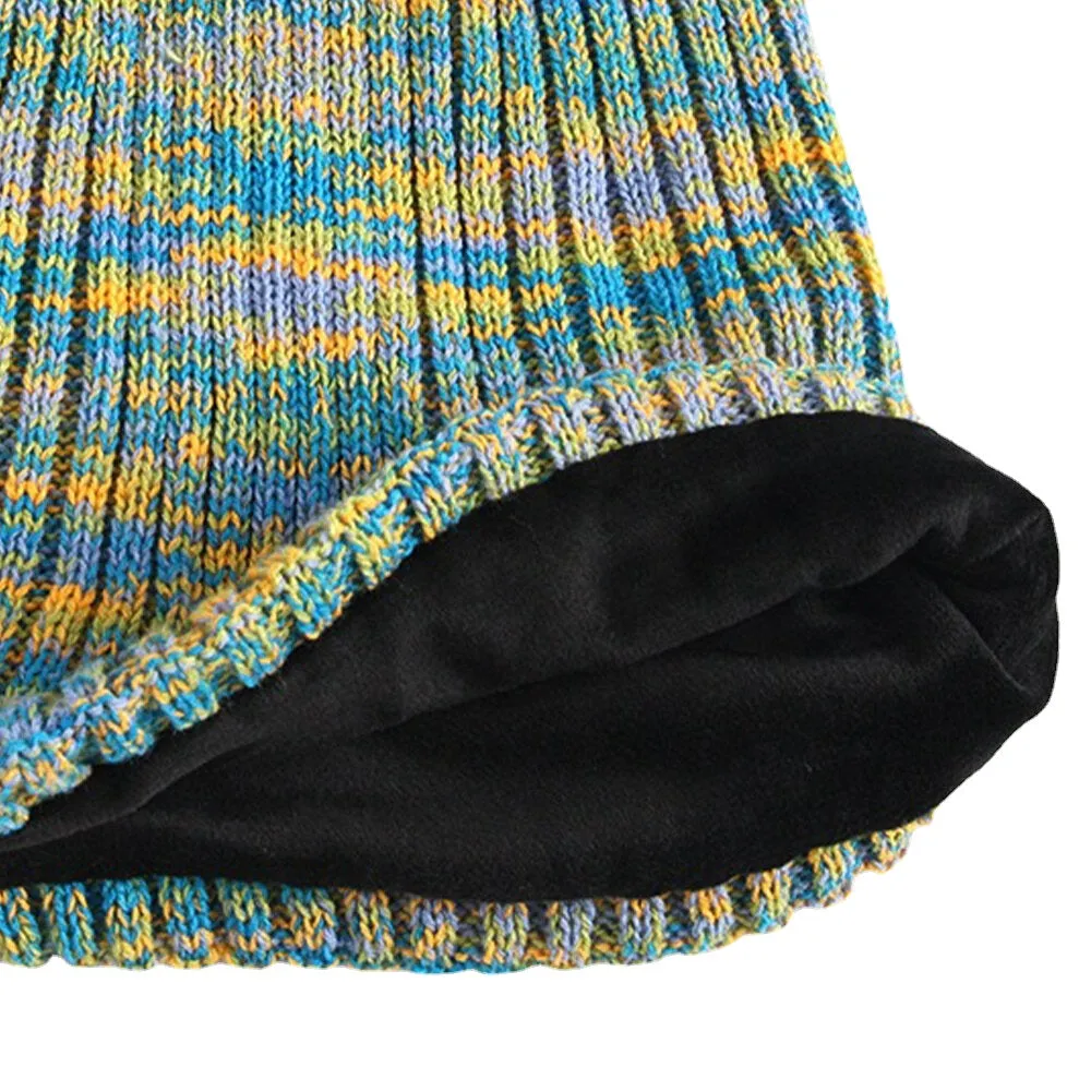 Unisex Woolen Mixed Rainbow Color Stripes Pattern Plus Velvet Thick Warm Couple Hat Beanie Knitted Hat