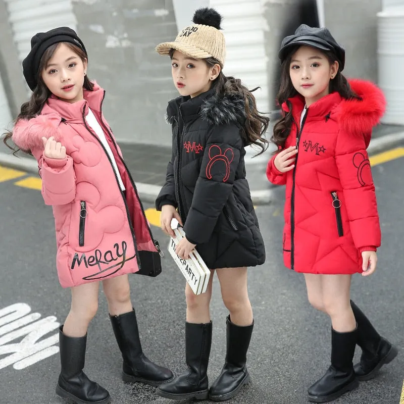 Winter Cotton-padded Jacket Thick Fur Collar Hooded Long Down Outerwear Kids Coats