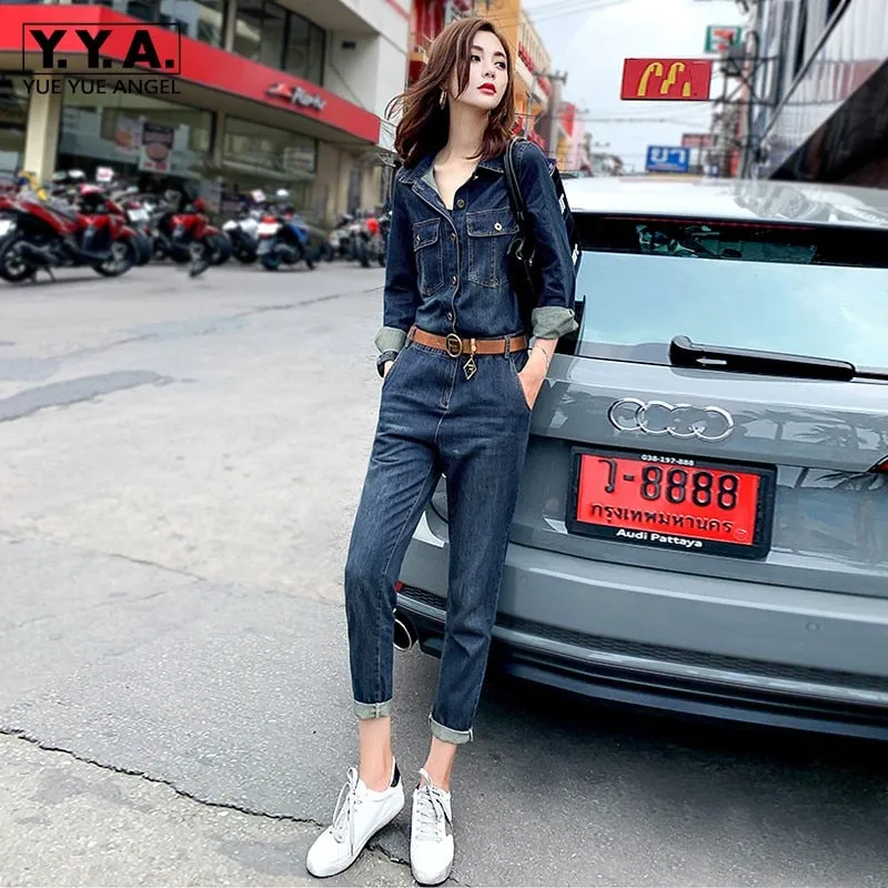 Women Belted Slim Fit Ankle Length Casual Cargo Overalls