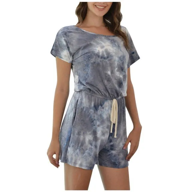 Women Fashion Casual Tie-Dye Short Sleeve Shorts Jumpsuit