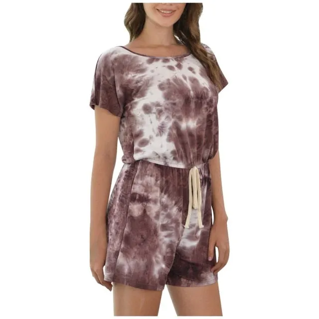 Women Fashion Casual Tie-Dye Short Sleeve Shorts Jumpsuit