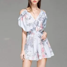 Women Flower Print Jumpsuit - Off Shoulder