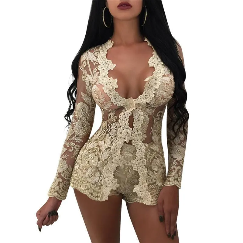 Women Gold Embroidery Floral Lace Jumpsuit