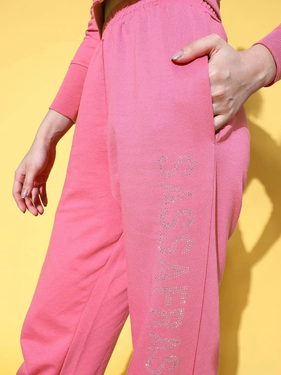 Women Pink Studded Pull Hem Joggers