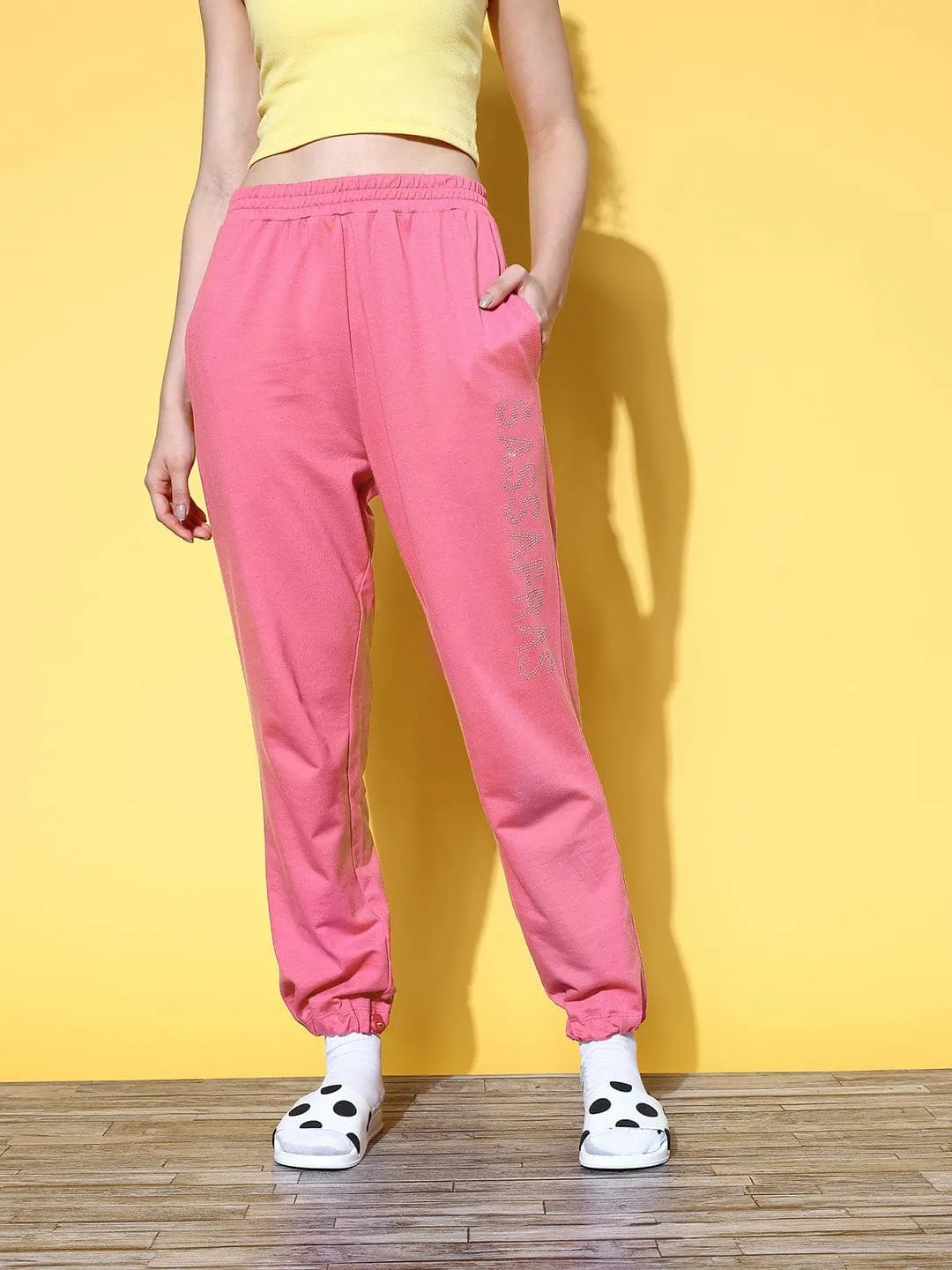 Women Pink Studded Pull Hem Joggers