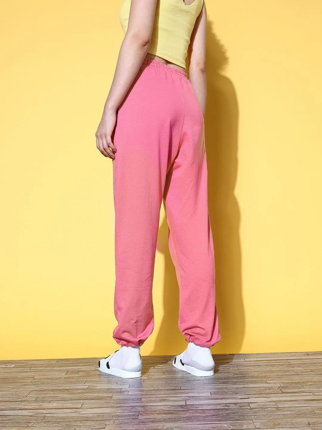 Women Pink Studded Pull Hem Joggers