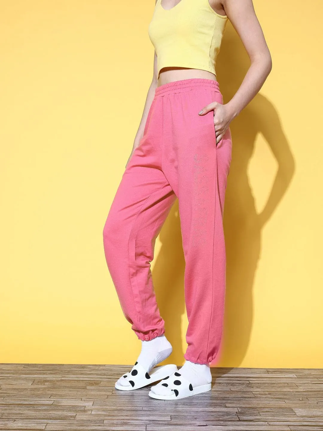 Women Pink Studded Pull Hem Joggers