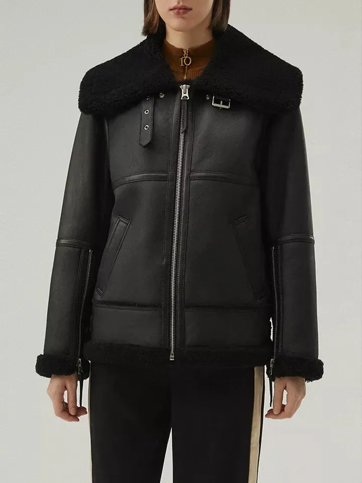 Women’s Matte Black Leather White Shearling Coat Jacket