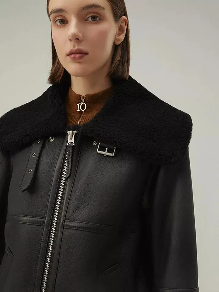 Women’s Matte Black Leather White Shearling Coat Jacket