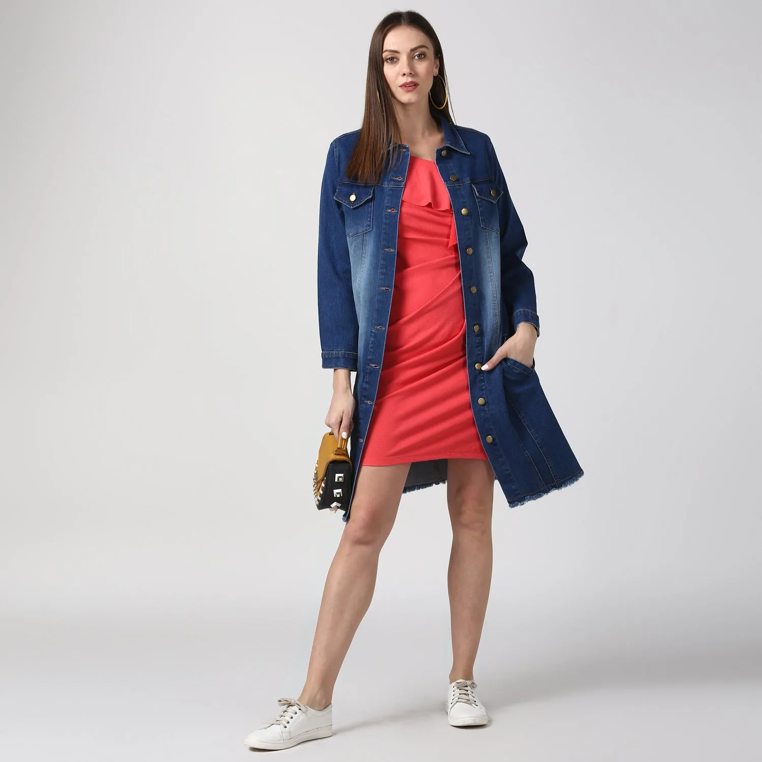 Women's Navy Blue Long Overcoat Style Denim Jacket with Washed effect - StyleStone