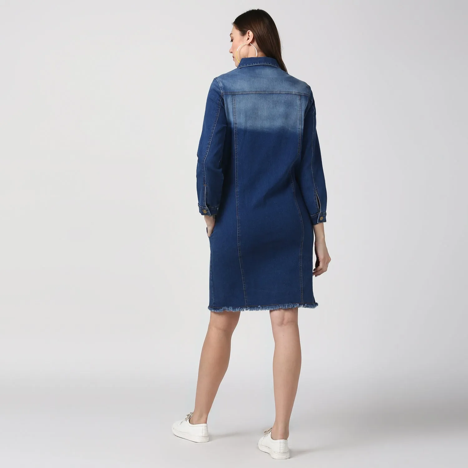 Women's Navy Blue Long Overcoat Style Denim Jacket with Washed effect - StyleStone