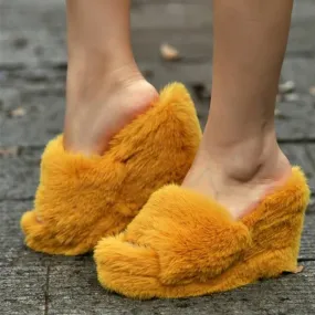 Women's peep toe plush platform wedge slippers | Winter fashion indoor shoes