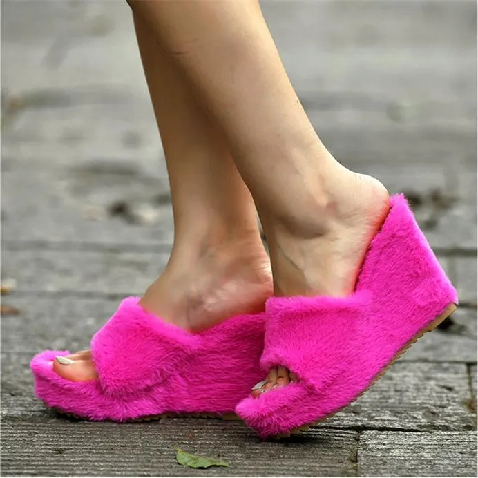 Women's peep toe plush platform wedge slippers | Winter fashion indoor shoes