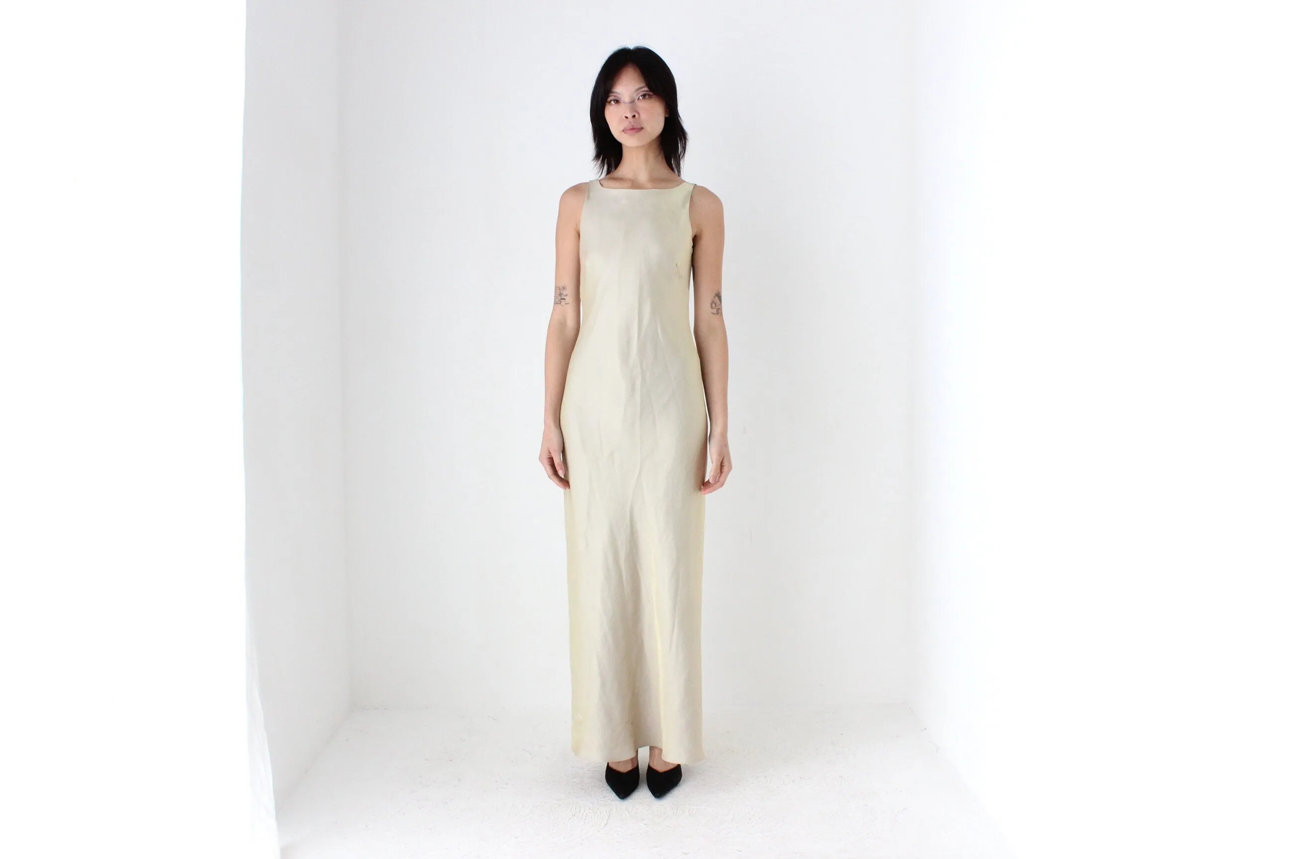 Y2K Subtle Gold Metallic High Neck Bias Cut Dress