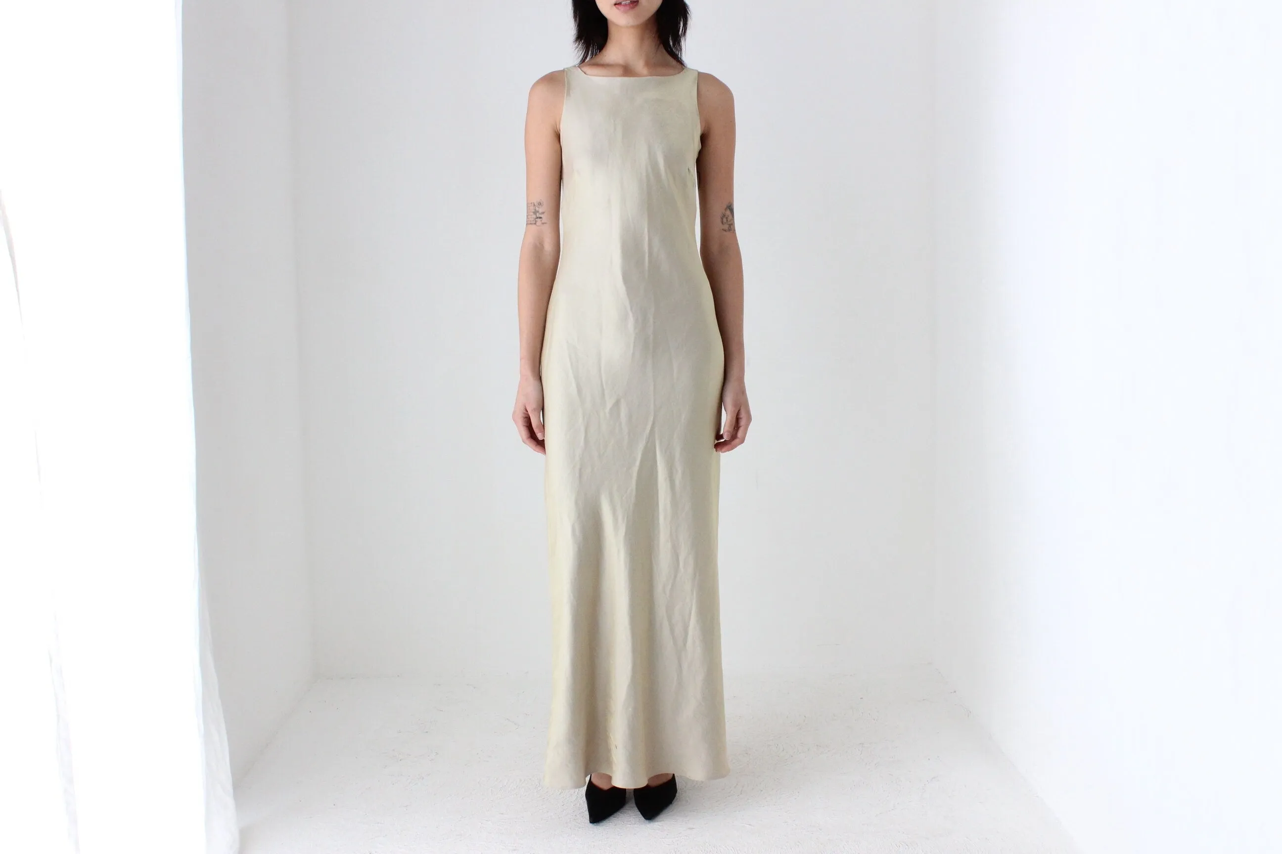 Y2K Subtle Gold Metallic High Neck Bias Cut Dress