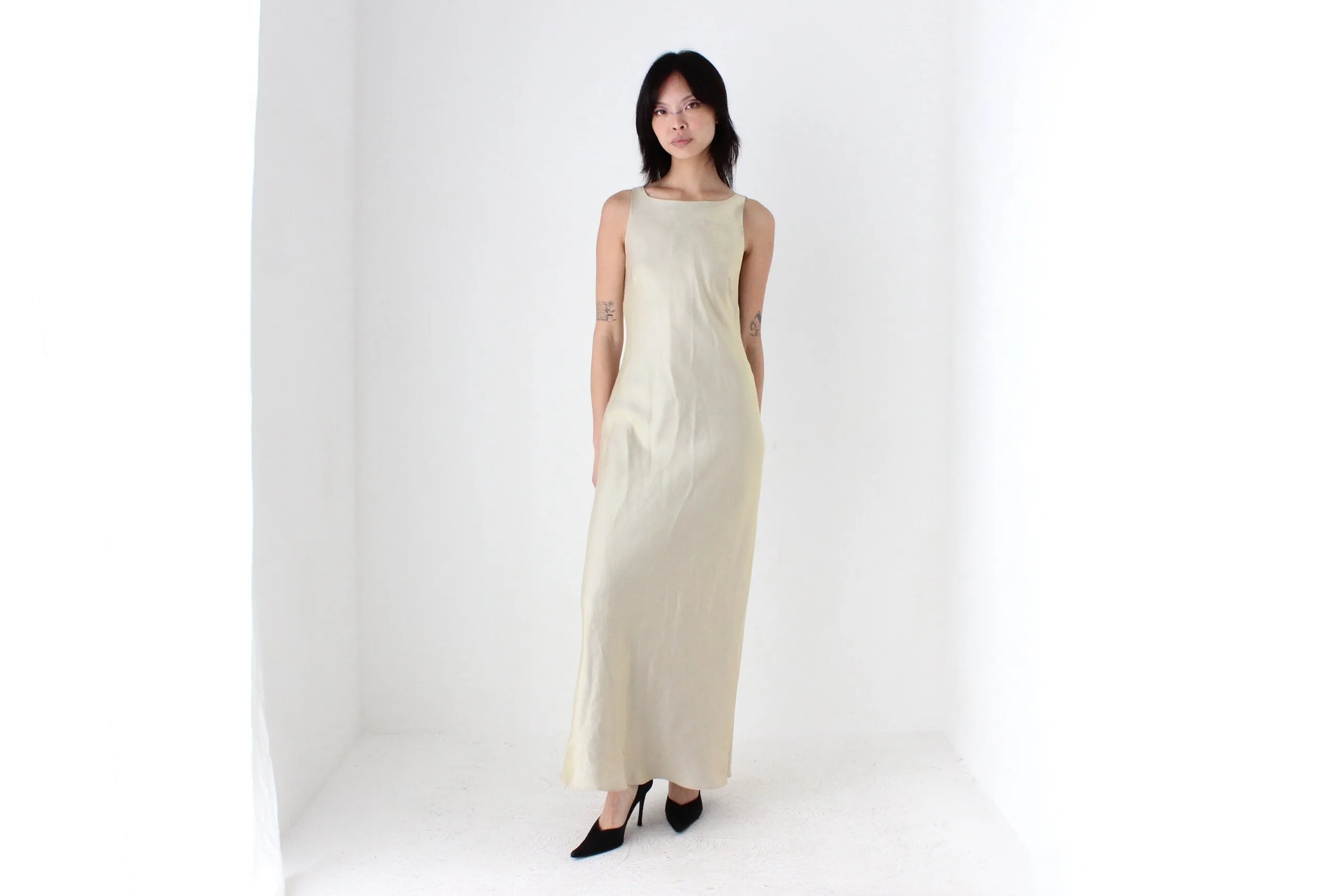 Y2K Subtle Gold Metallic High Neck Bias Cut Dress