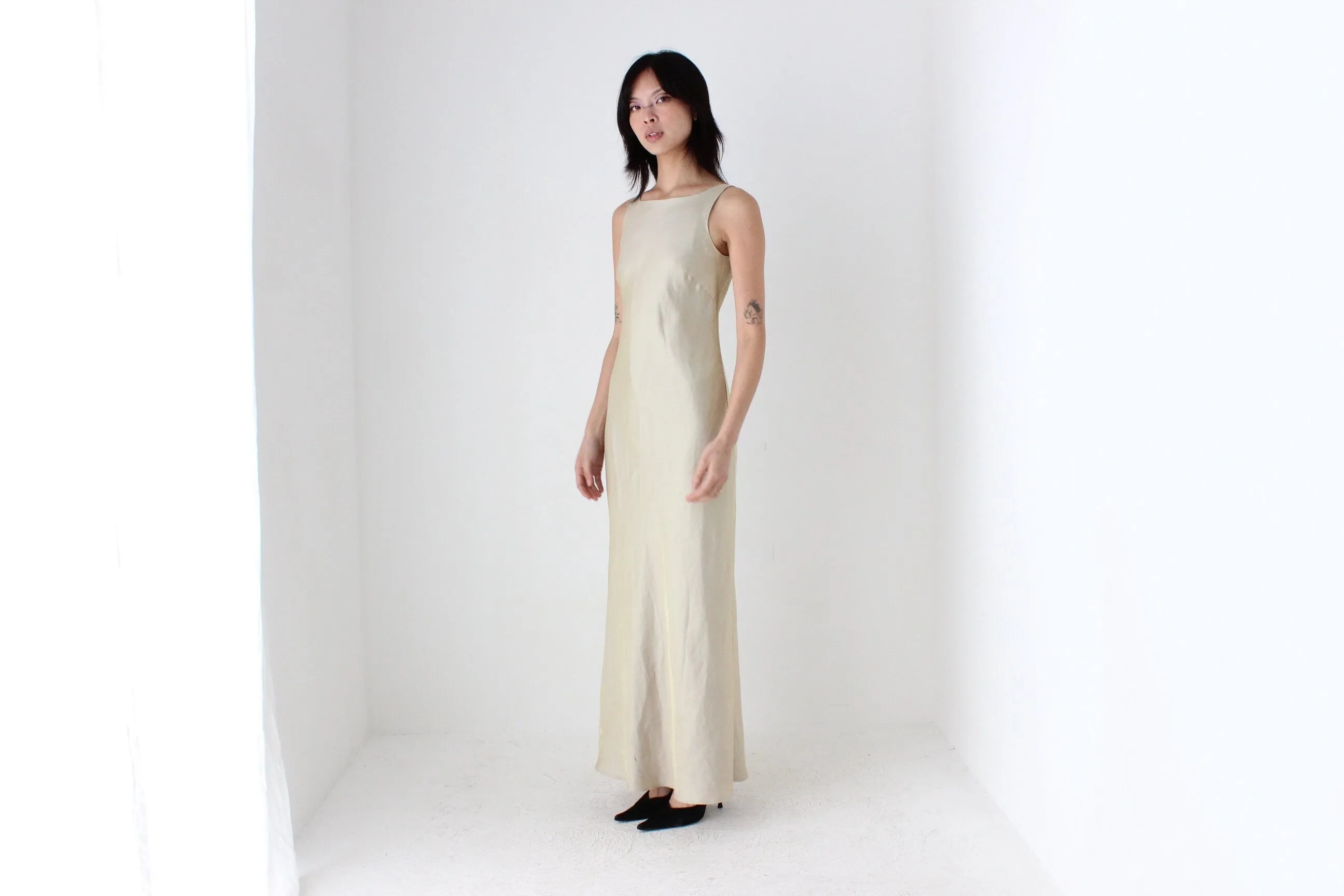 Y2K Subtle Gold Metallic High Neck Bias Cut Dress